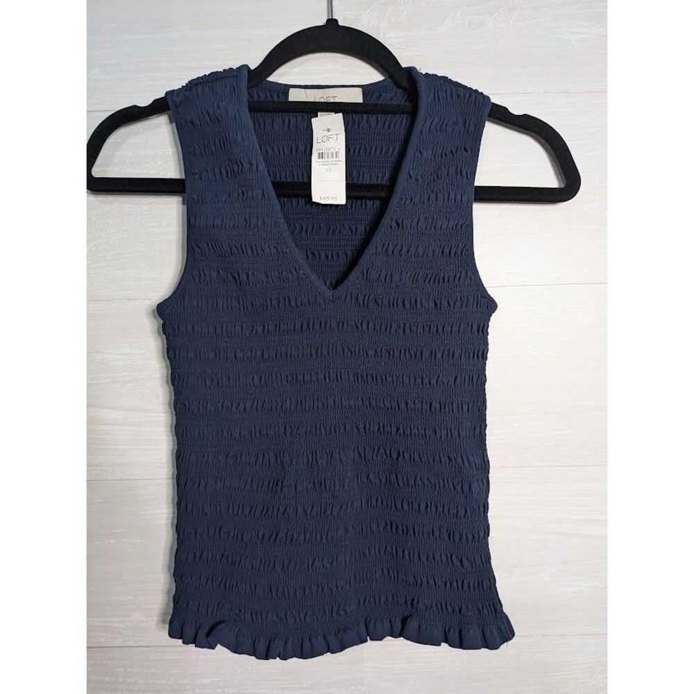 LOFT Smocked V-Neck Tank XS NWT Navy Blue Sleeveless Ruffle Hem Summer Blouse